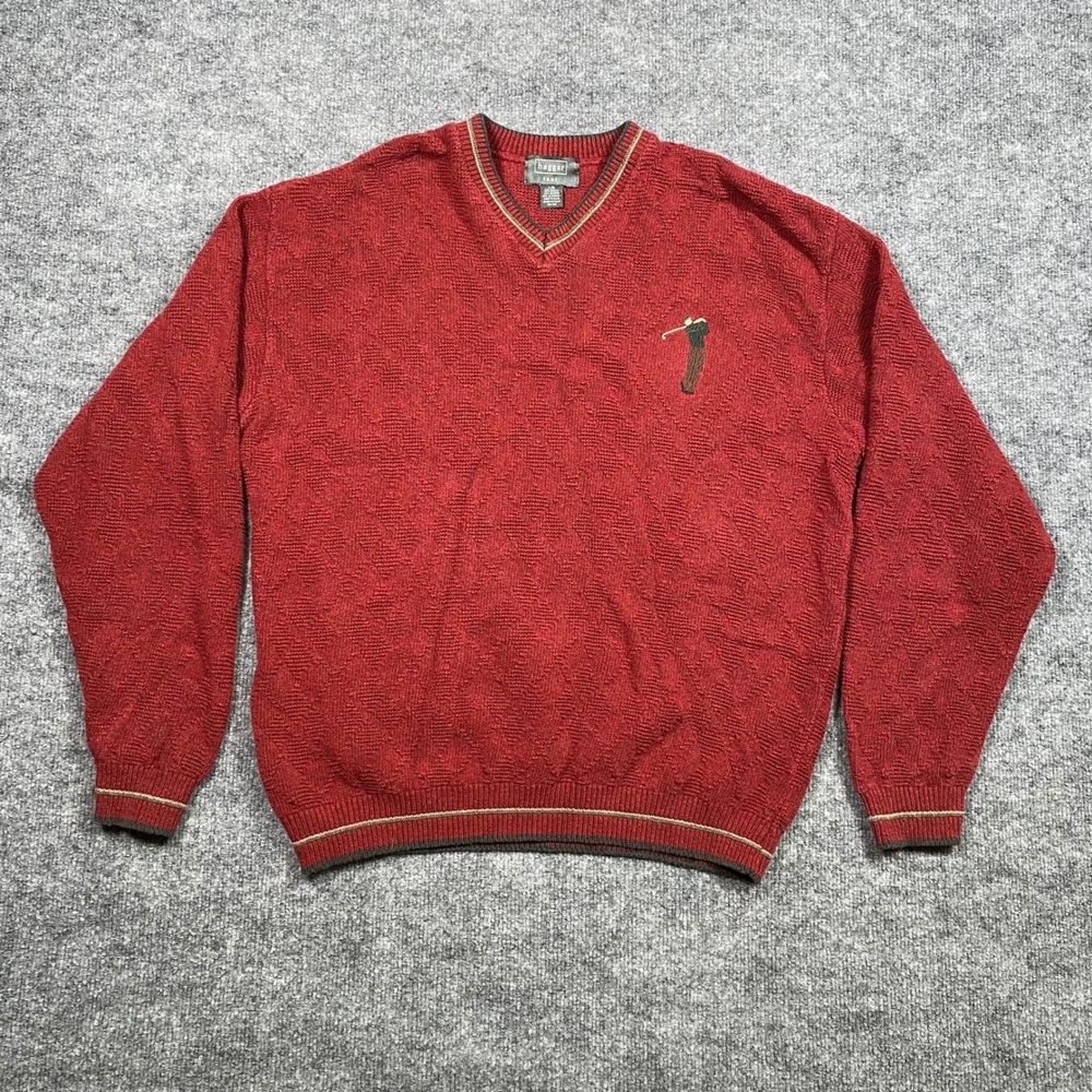 Haggar Tour Mens V-Neck Sweater Burgundy Red Diamond Knit Golf Embroidered Large